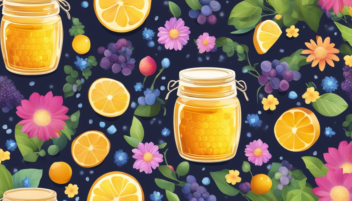 A jar of raw honey surrounded by colorful, fresh fruits and flowers, with a glowing, healthy aura emanating from it