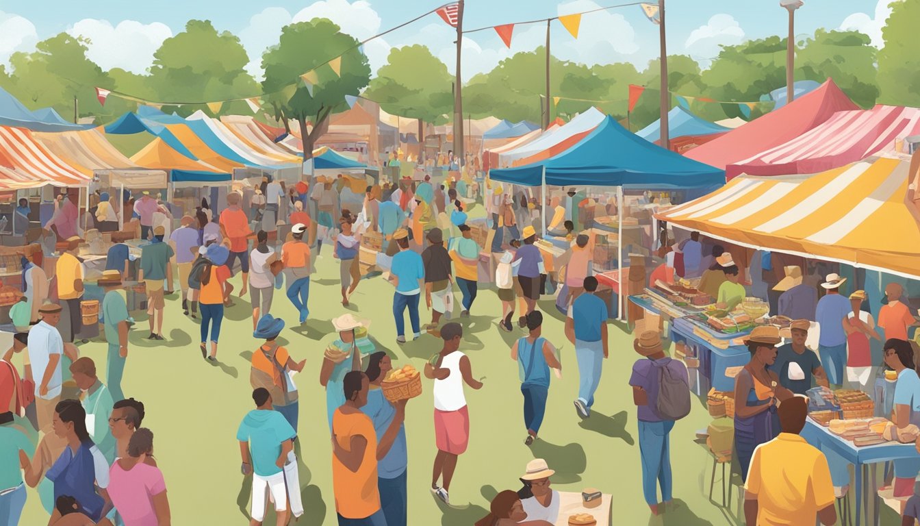 A crowded outdoor festival with colorful booths selling various Texas foods, people milling about, and live music playing in the background