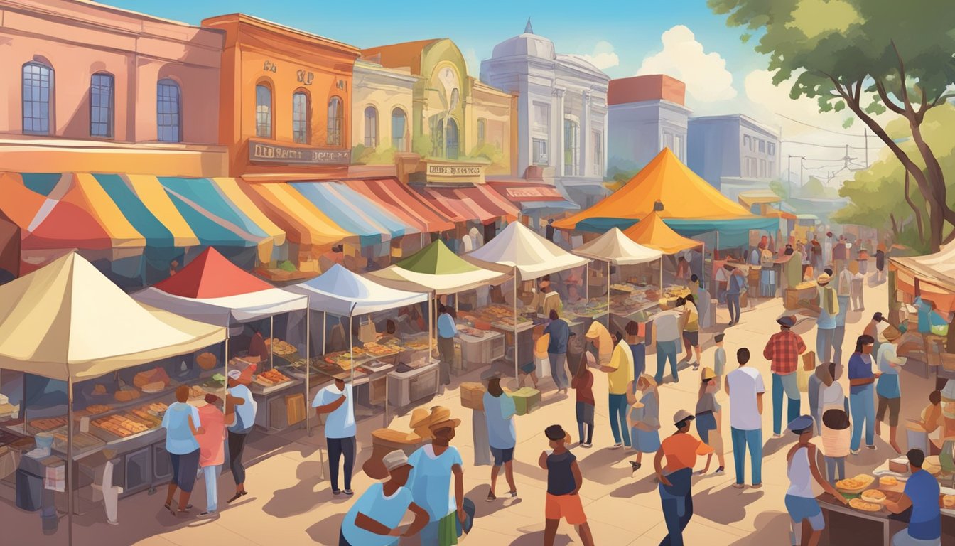 Vendors selling a variety of Texas cuisine at outdoor food festivals. Music, colorful tents, and crowds of people enjoying the local delicacies