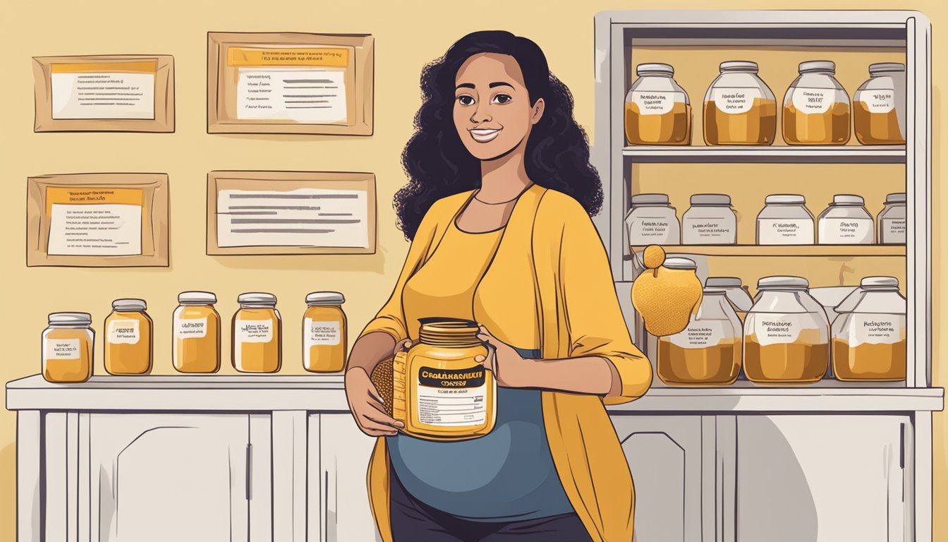 A pregnant woman holding a jar of raw honey, with a warning sign and a list of precautions next to it