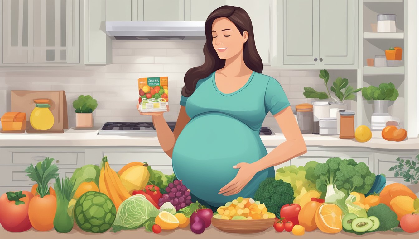 A pregnant woman holding a variety of low-sodium foods, such as fruits, vegetables, and lean proteins, while reading a pregnancy nutrition guide