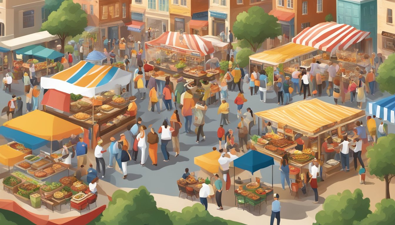 A bustling food festival with diverse Texas dishes and lively music, showcasing the rich culinary traditions and vibrant food culture of the state