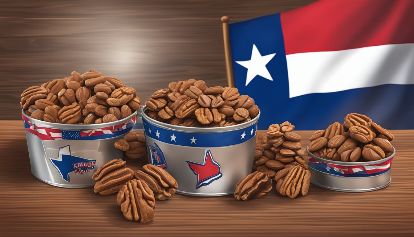 A table displays 5 Lammes Texas Chewie Pecan Pralines with a Texas flag souvenir in the background