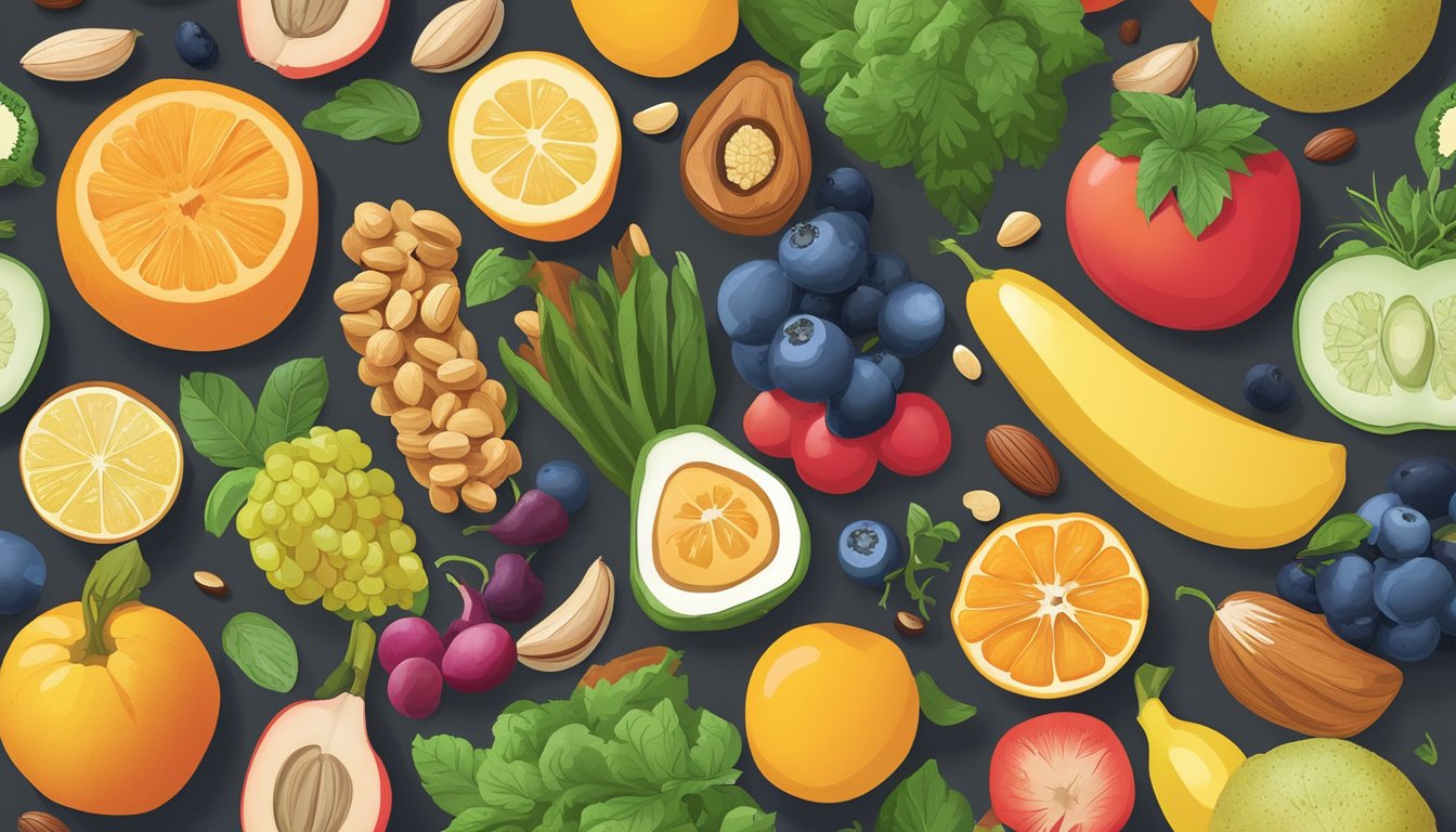 A colorful array of fresh fruits, vegetables, nuts, and seeds arranged on a table, with a clear emphasis on low-sodium options