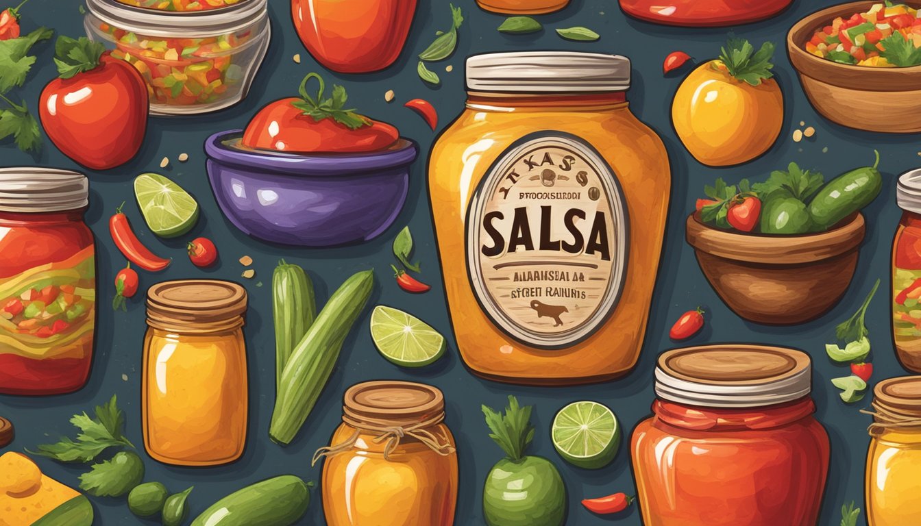 A jar of vibrant salsa surrounded by other Texas food souvenirs on a rustic wooden table