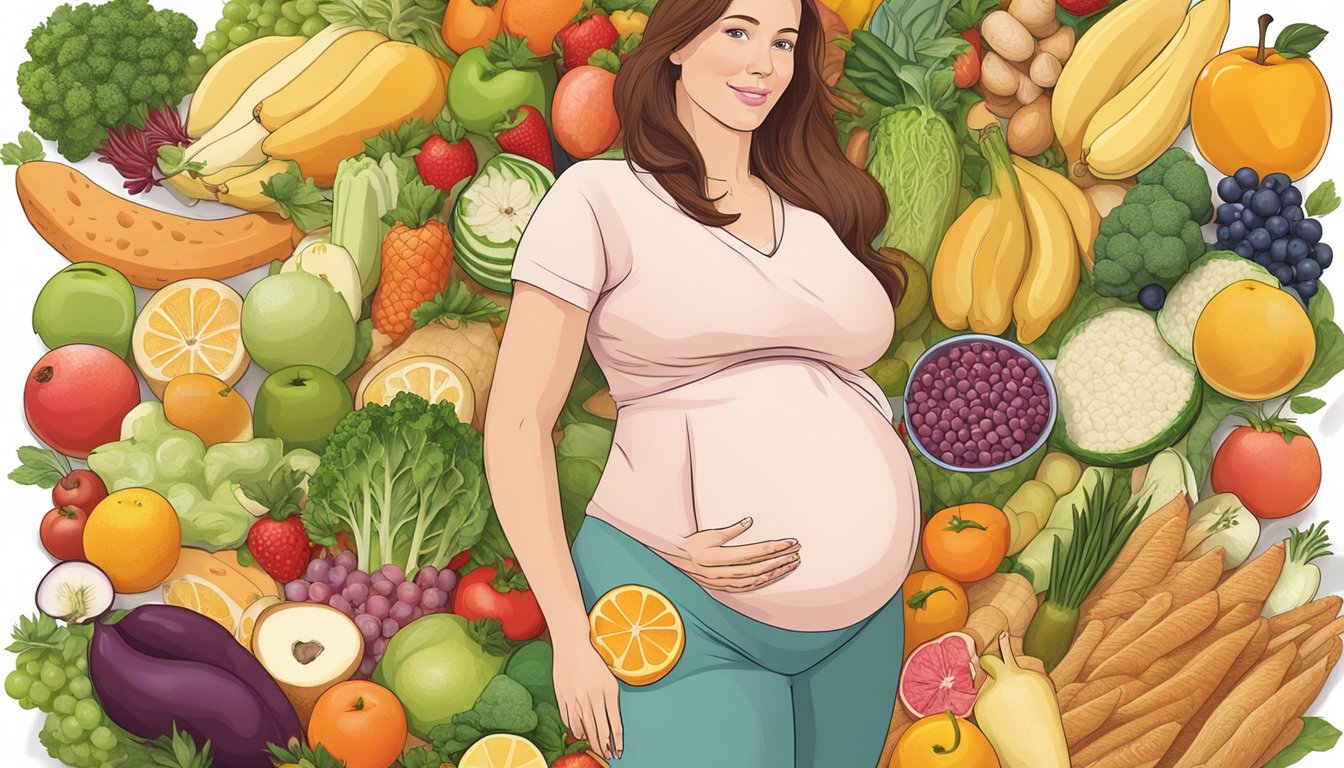 A pregnant woman surrounded by a variety of whole, unprocessed foods such as fruits, vegetables, lean proteins, and healthy fats