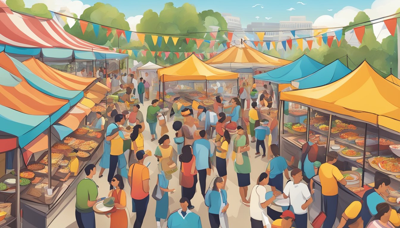 A bustling food festival with colorful tents, lively music, and a variety of mouth-watering dishes being served to eager attendees