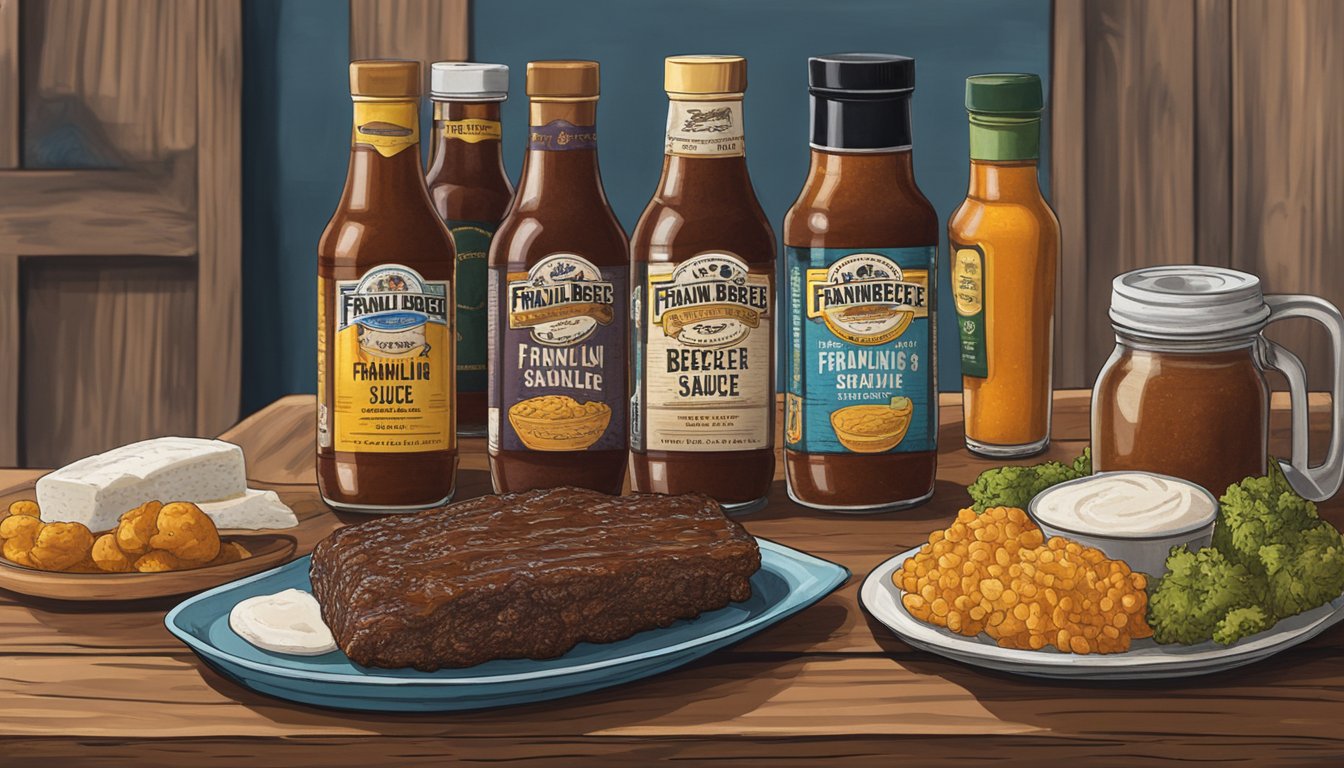 A bottle of Franklin Barbecue Sauce sits among 4 other Texas food souvenirs on a rustic wooden table