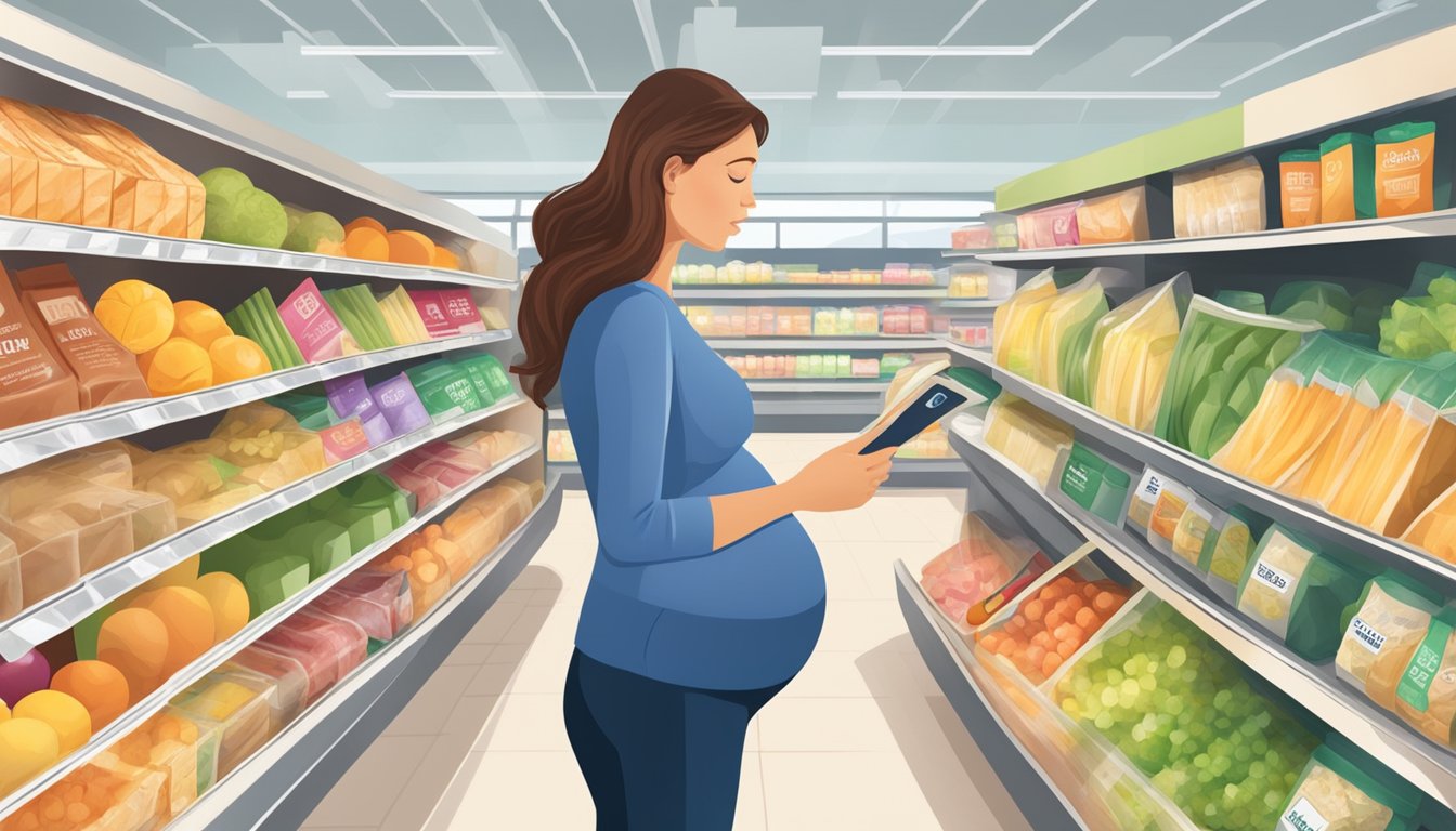 A pregnant woman carefully reading food labels for sodium content while grocery shopping