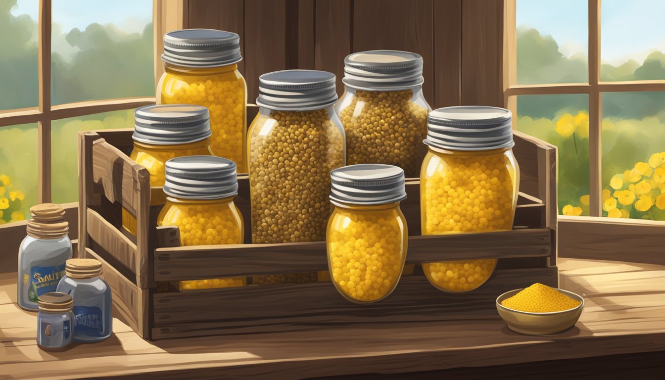 A rustic wooden crate holds jars of mustard seeds, surrounded by Texas-themed souvenirs. The warm sunlight filters through a nearby window, casting a golden glow on the display