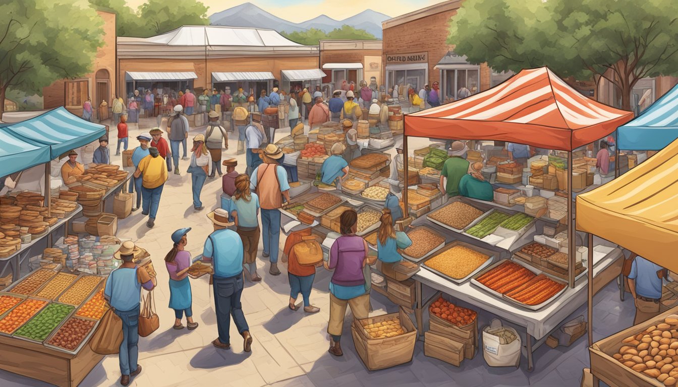 A bustling Texas farmers' market with vendors selling traditional food souvenirs like pecan pie, chili seasoning, BBQ sauce, salsa, and kolaches