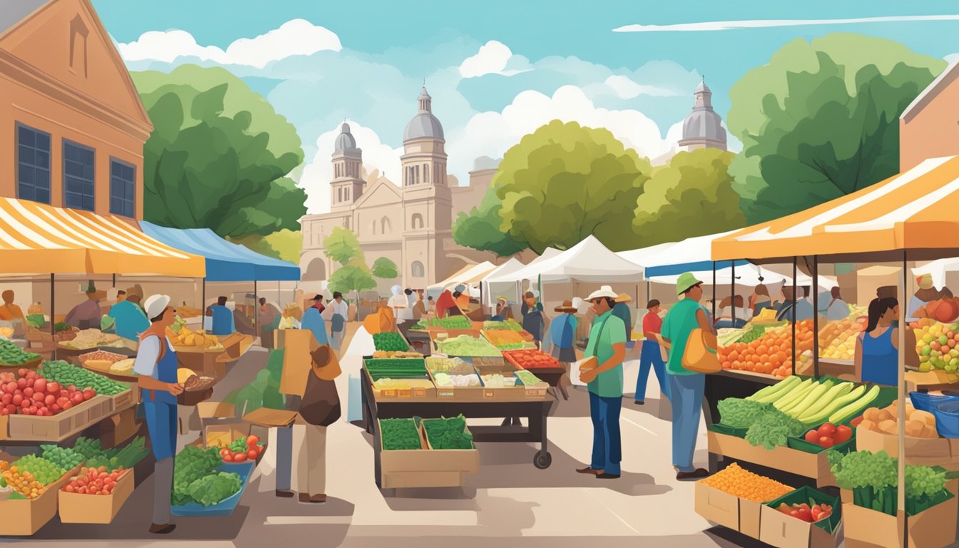 A bustling Texas farmers' market with colorful displays of local produce and artisanal food products