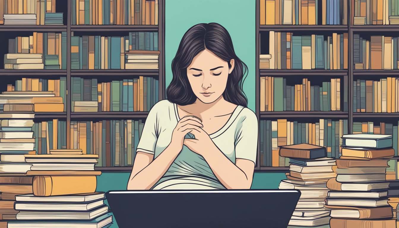 A pregnant woman researching OMAD Diet, surrounded by books and a laptop, with a concerned expression on her face