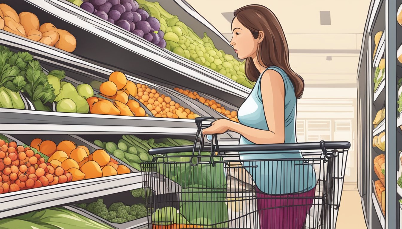 A pregnant woman carefully avoiding unwashed fruits and vegetables while grocery shopping