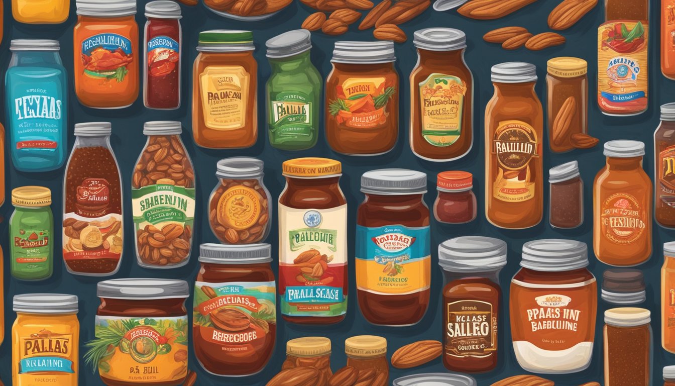 A colorful display of Texas food souvenirs, including jars of salsa, bags of pecans, bottles of barbecue sauce, boxes of pralines, and tins of chili seasoning