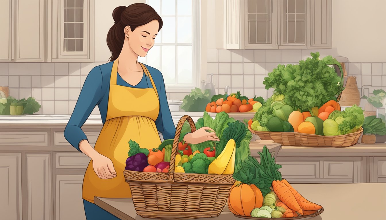 A pregnant woman holding a basket of fresh fruits and vegetables, with a pile of unwashed produce in the background