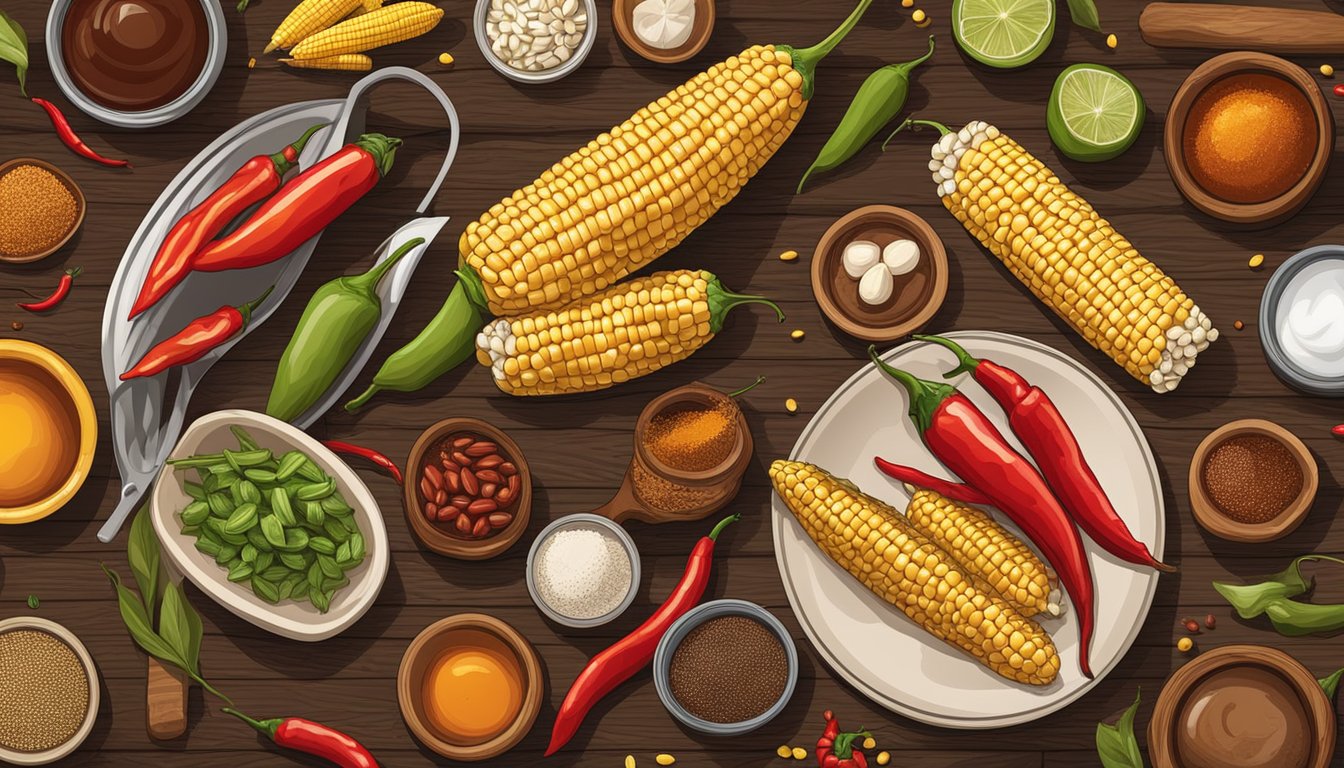 A rustic wooden table with ingredients like chili peppers, corn, beans, BBQ sauce, and spices arranged in a casual yet organized manner