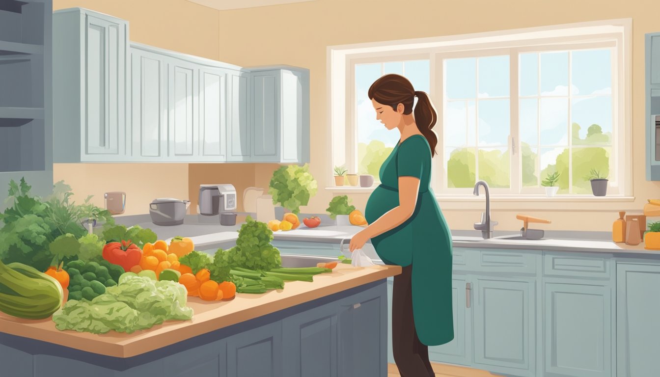 A pregnant woman carefully selects and washes fresh produce in a clean, well-lit kitchen