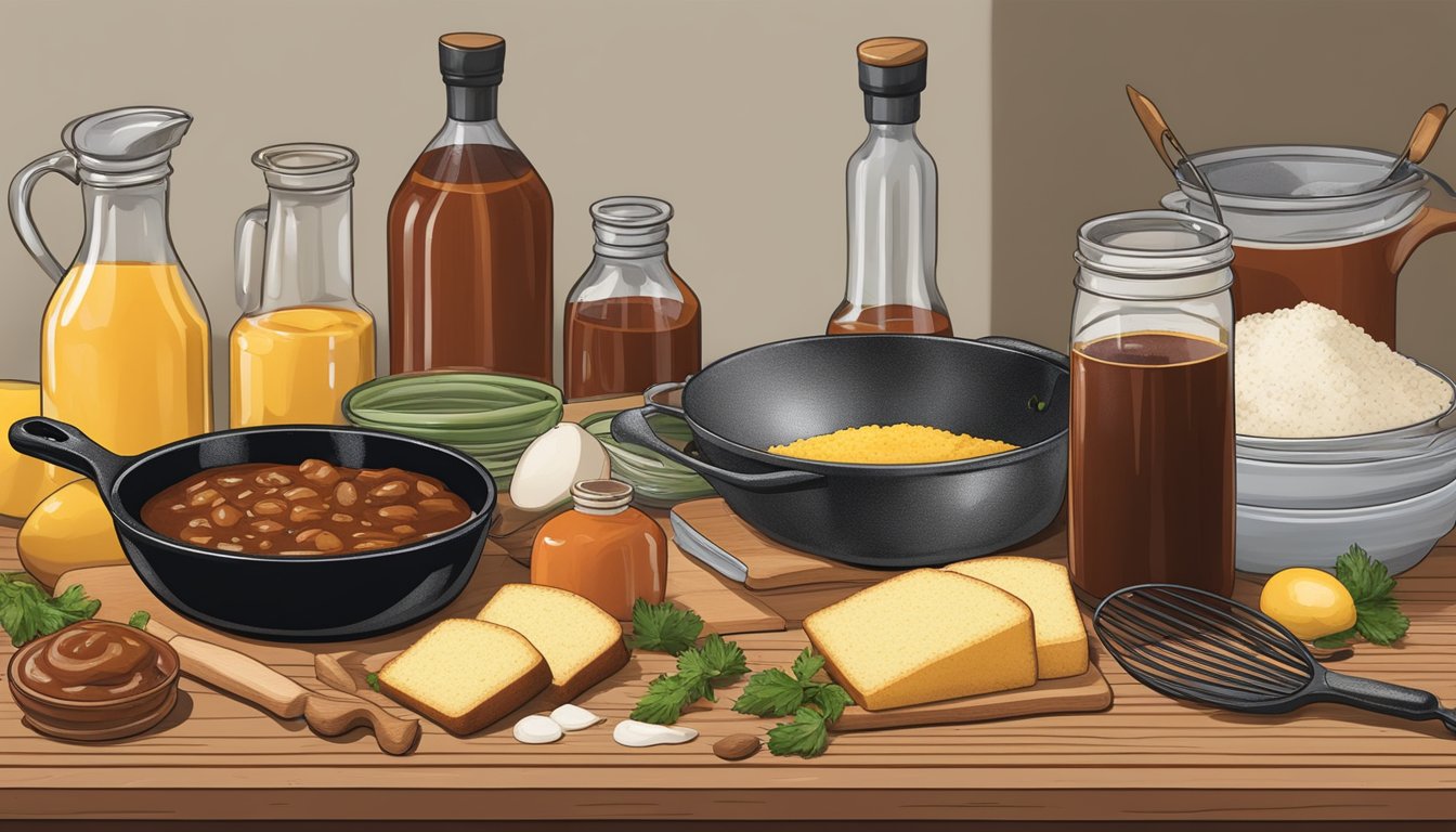 A table set with ingredients and utensils for Texas recipes, including a cast iron skillet, BBQ sauce, and cornbread mix