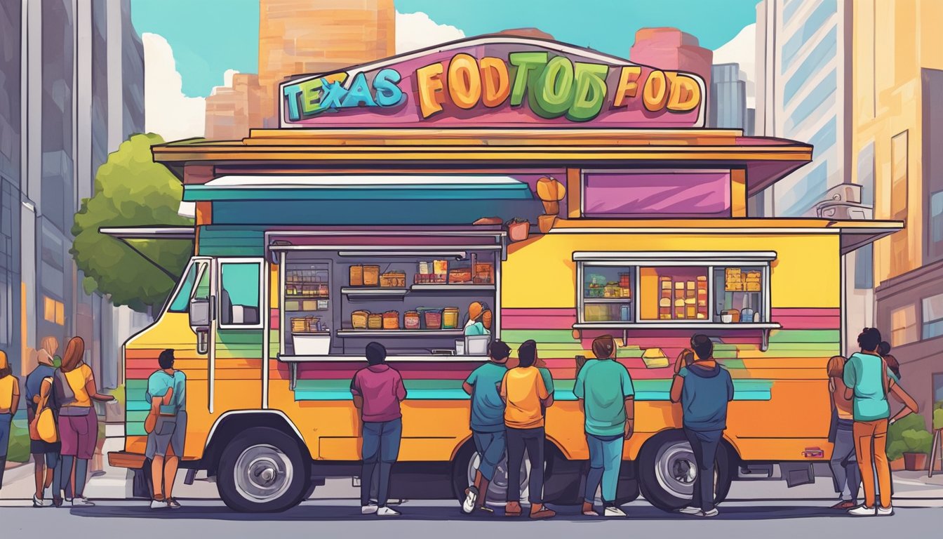 A vibrant food truck with a colorful exterior and a line of customers eagerly waiting to order from the top 10 Texas food trucks in Dallas