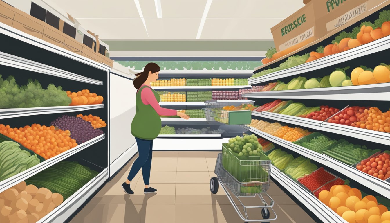 A pregnant person avoiding unwashed produce, reaching for packaged fruits and vegetables in a grocery store