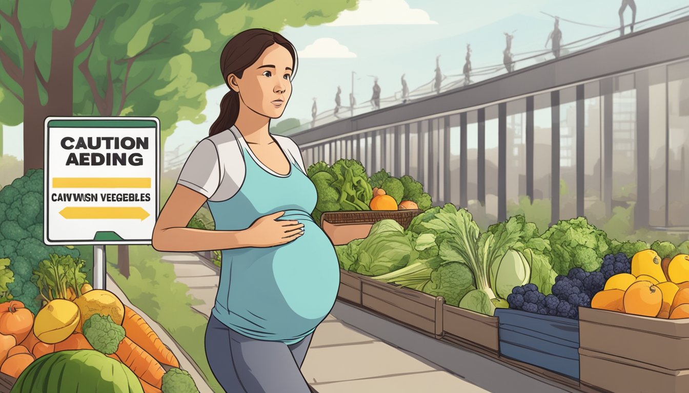 A pregnant woman avoiding unwashed fruits and vegetables, with a caution sign nearby