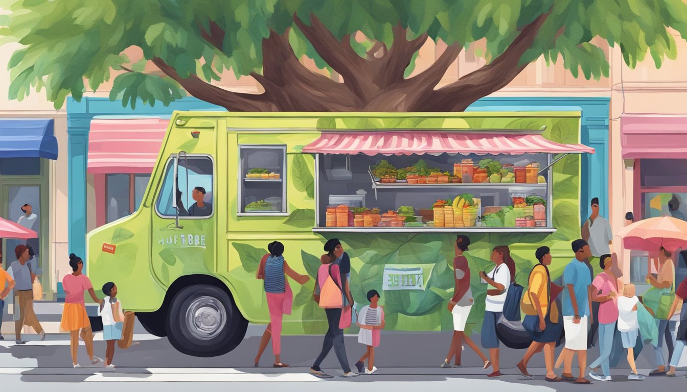 A colorful food truck with a giant guava tree painted on the side, surrounded by a bustling street with people lining up for delicious Texas cuisine