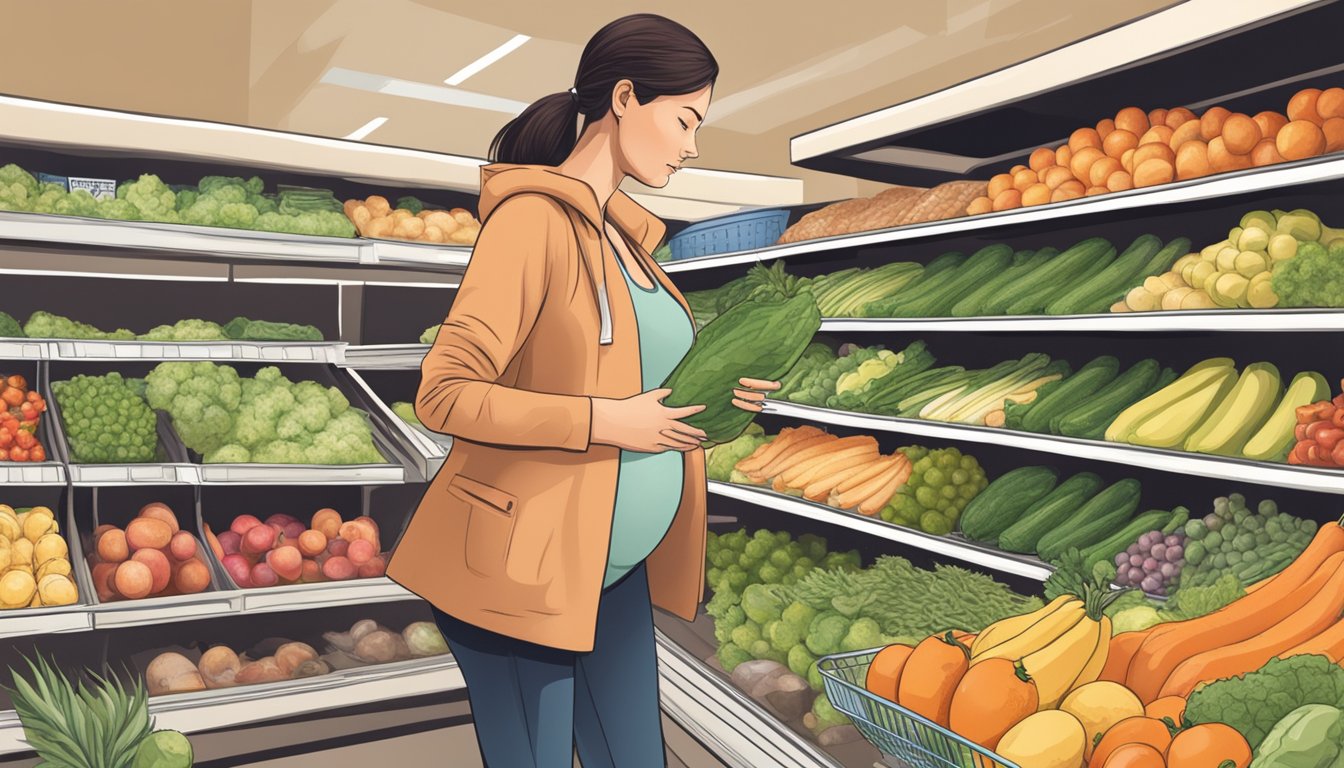 A pregnant woman cautiously avoiding unwashed produce at the grocery store