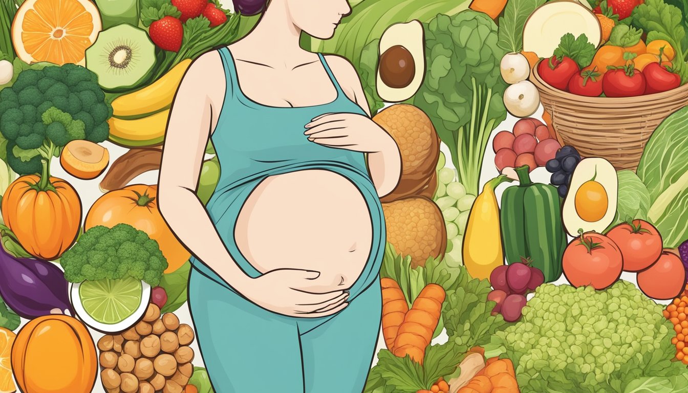 A pregnant woman surrounded by a variety of healthy foods, with a scale balancing fruits and vegetables on one side and grains and proteins on the other