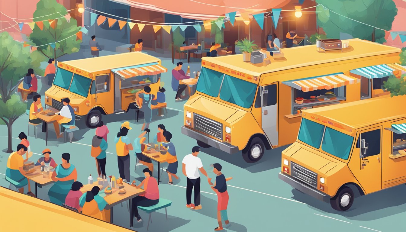 A bustling food truck park with colorful Vietnamese street food trucks lined up, customers enjoying their meals at picnic tables under string lights