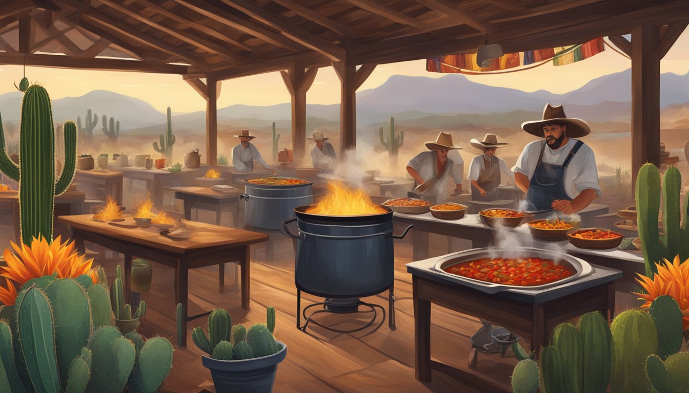 A rustic Texan restaurant with a steaming pot of chili simmering over an open fire, surrounded by cowboy hats and cacti