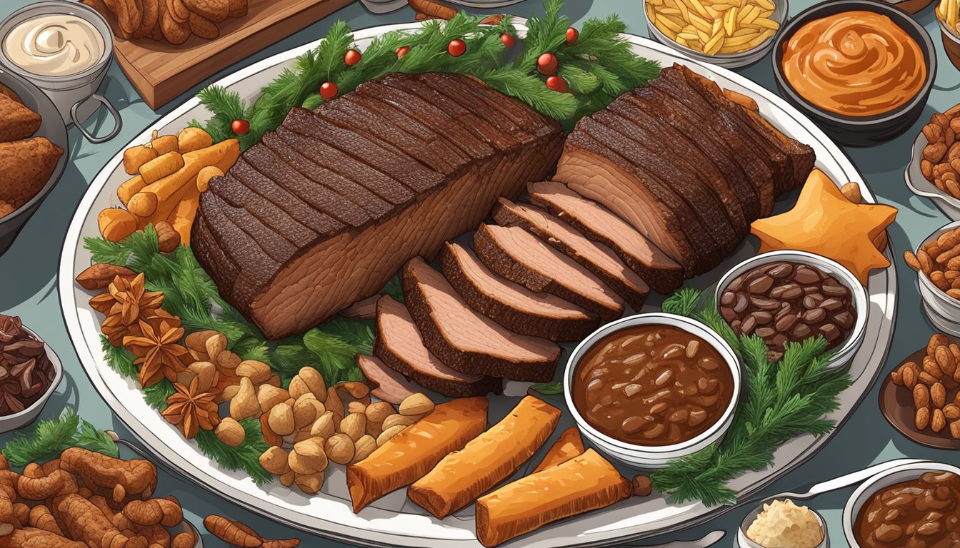 A platter of barbecue brisket surrounded by traditional Texas Christmas foods