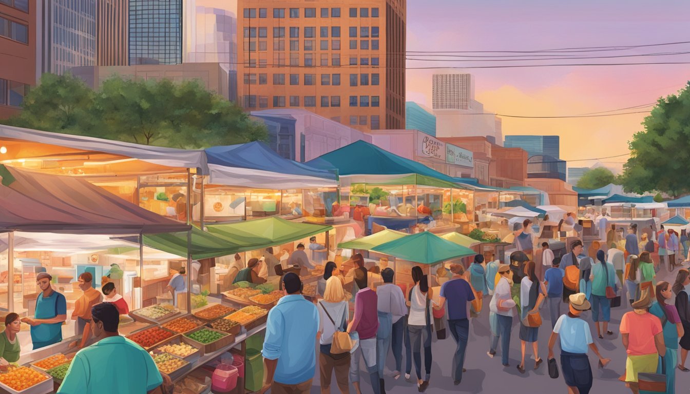 A bustling outdoor market with colorful food trucks serving up Texas cuisine in the heart of Dallas