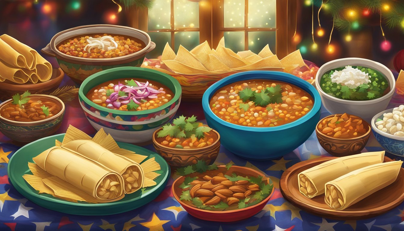 A festive table adorned with steaming bowls of posole, tamales, and other traditional Texas Christmas foods. Brightly colored decorations and twinkling lights add to the joyful atmosphere