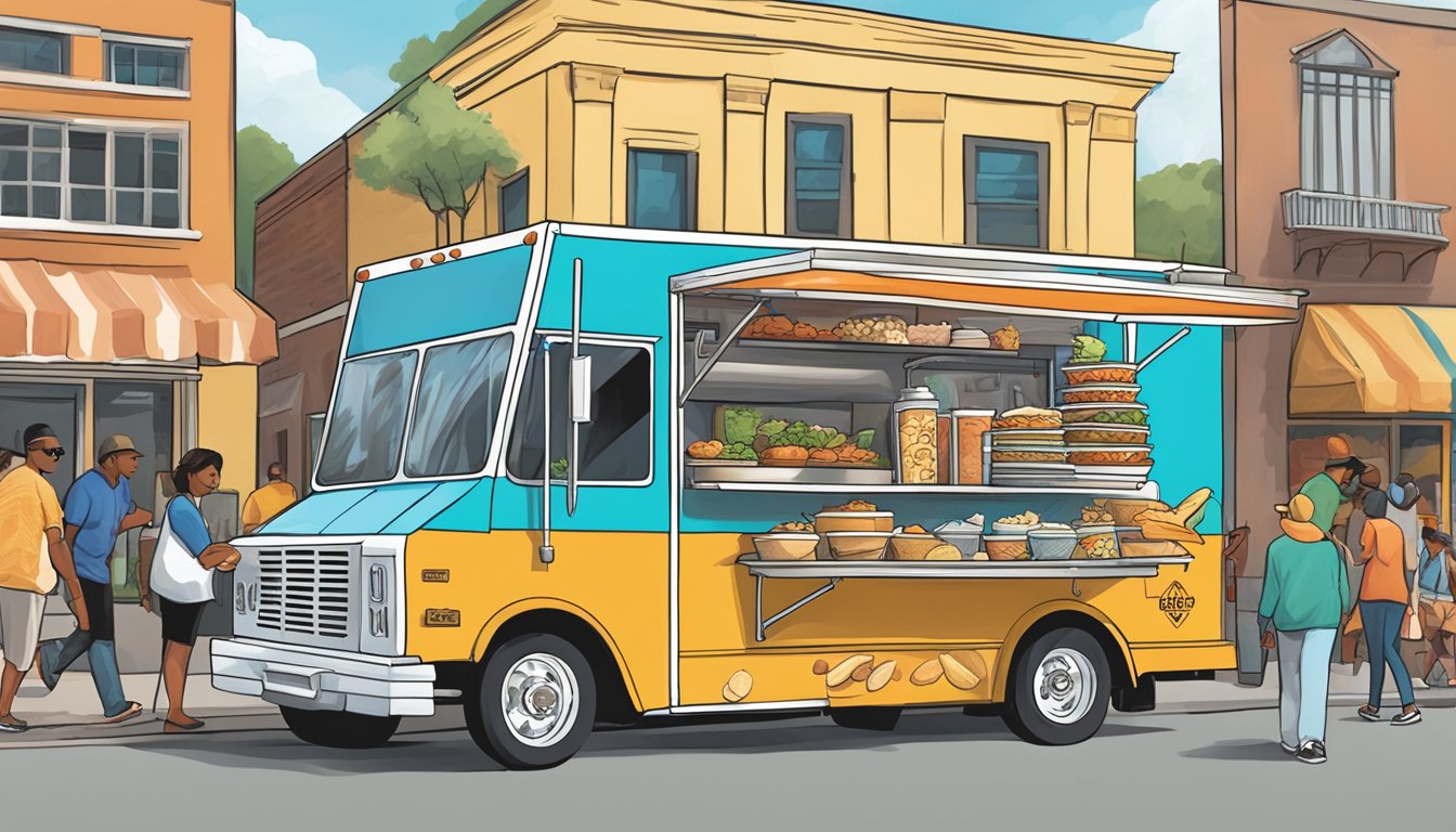 A colorful food truck with "The Dough Box" logo serves customers in a bustling Dallas street