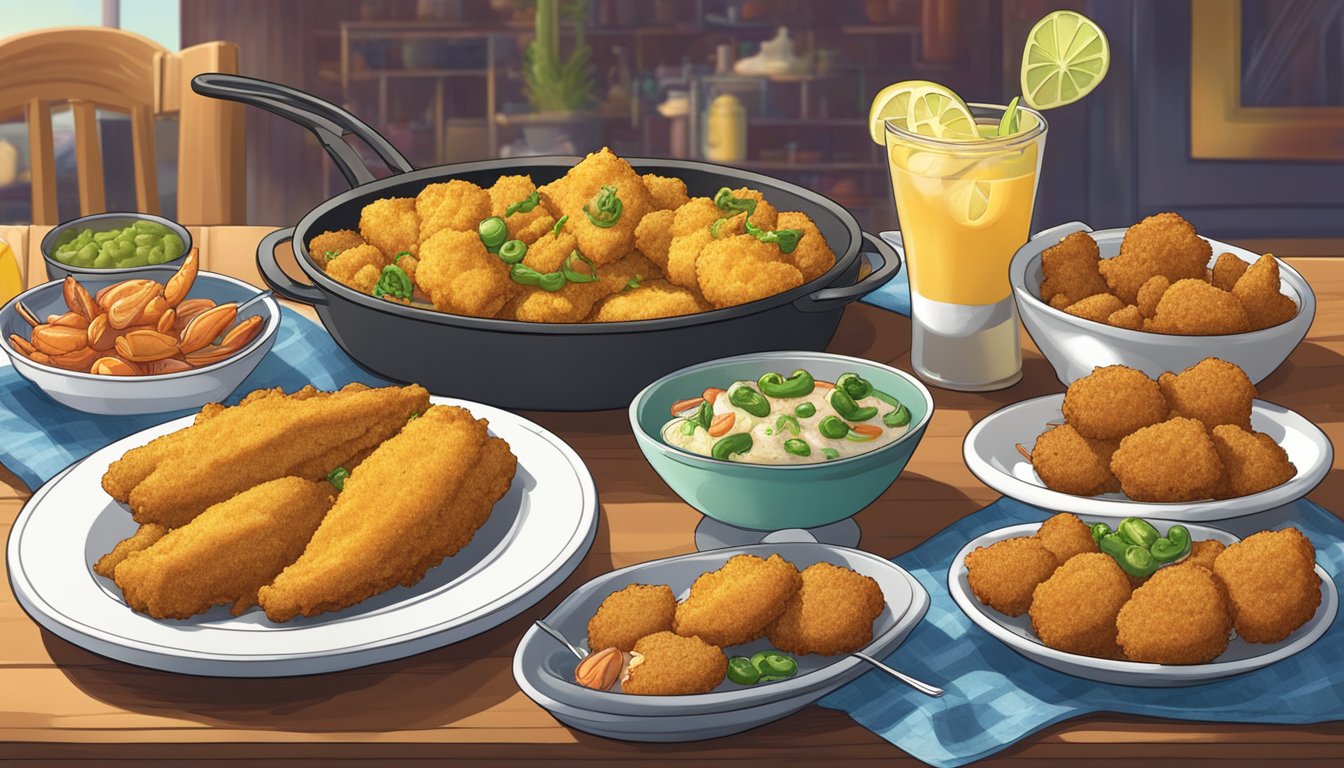 A sizzling plate of golden fried catfish with a side of jalapeño hushpuppies, surrounded by colorful Texas seafood dishes