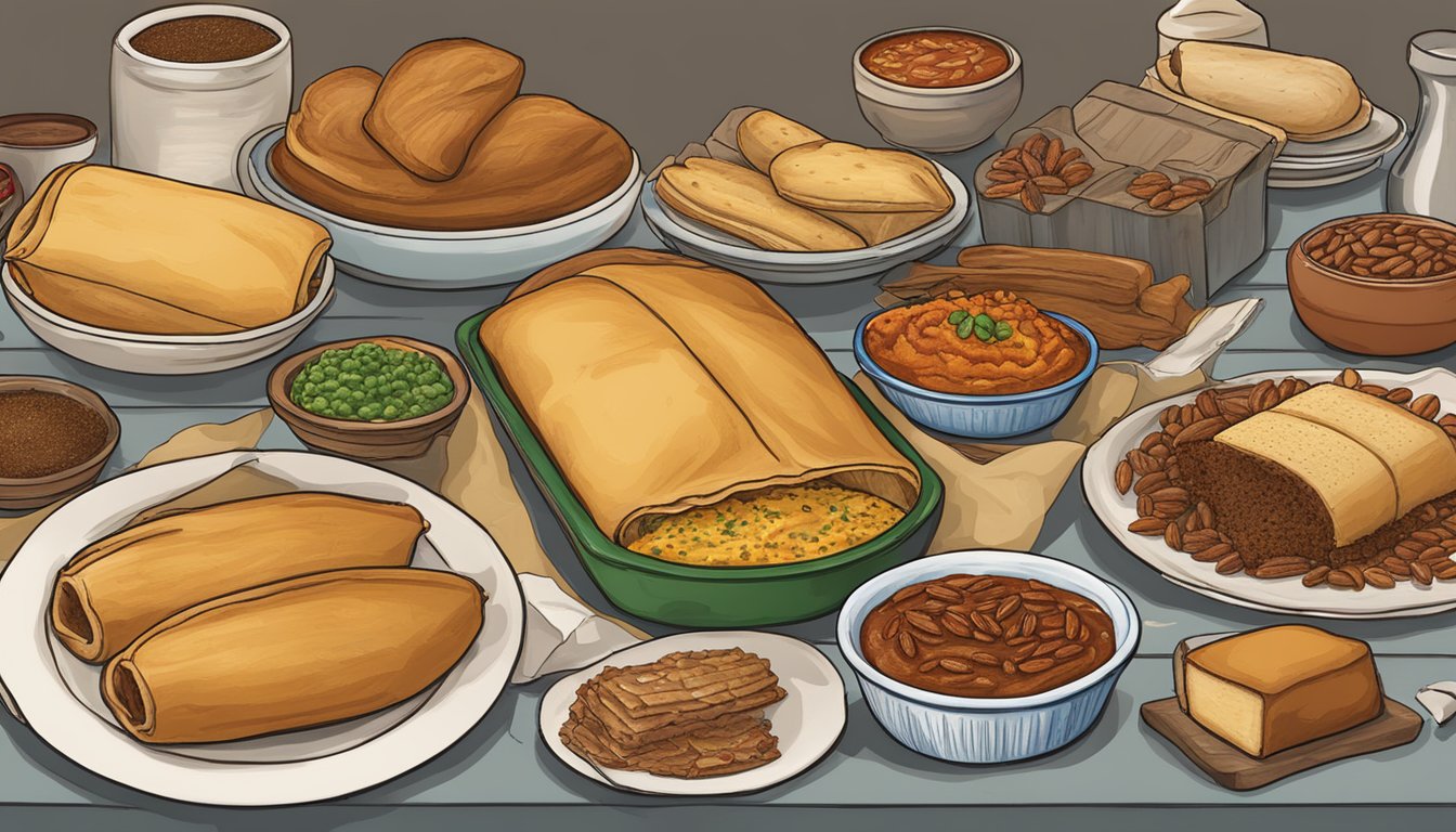 A festive table displays Texas Christmas foods: tamales, brisket, pecan pie, chili, kolaches, and pan de polvo