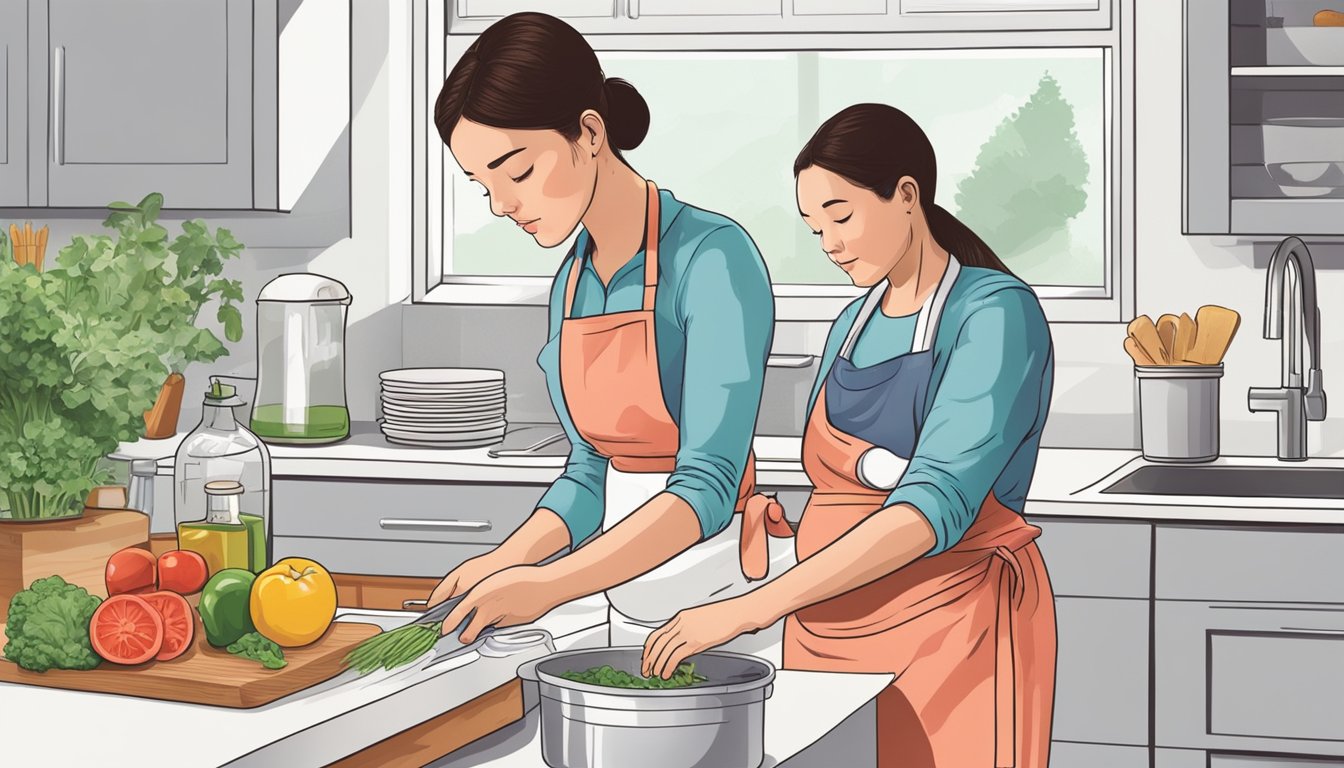 A pregnant woman carefully rinsing and cutting liver in a clean kitchen, following safe food handling practices