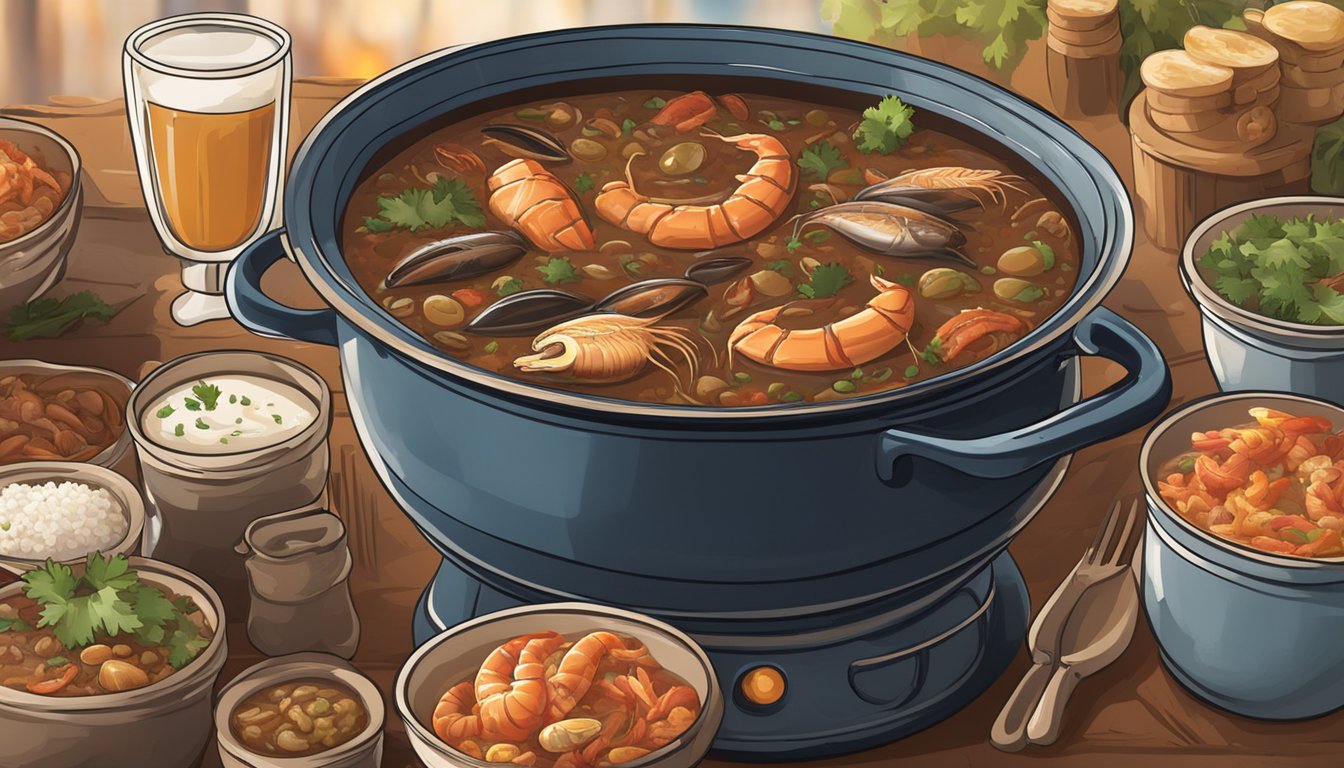 A large pot filled with a rich and flavorful Texas-style gumbo, brimming with an assortment of fresh seafood and aromatic spices, simmering over an open flame