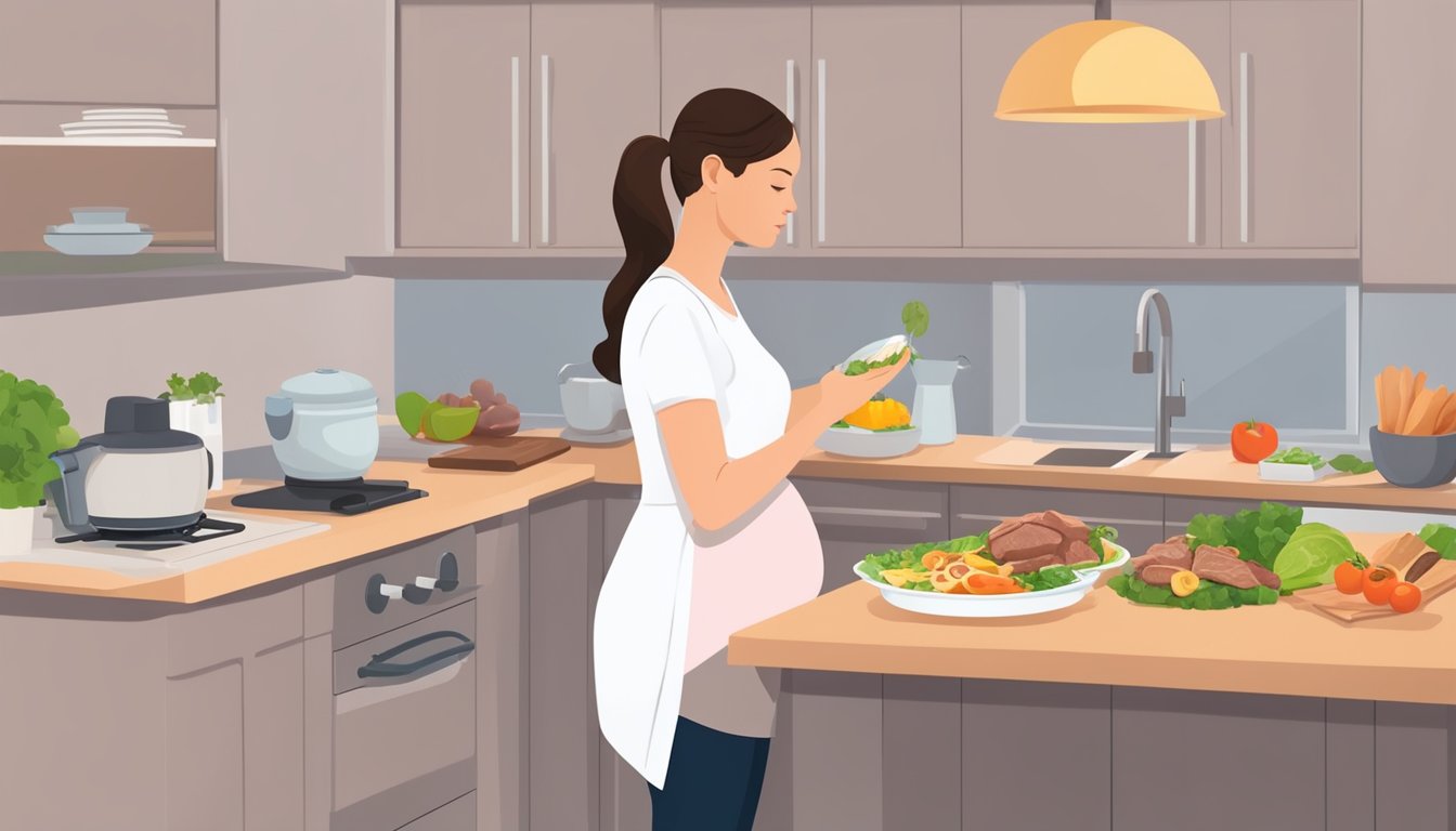 A pregnant woman carefully selects and prepares a balanced meal, including a small portion of cooked liver, while following dietary guidelines