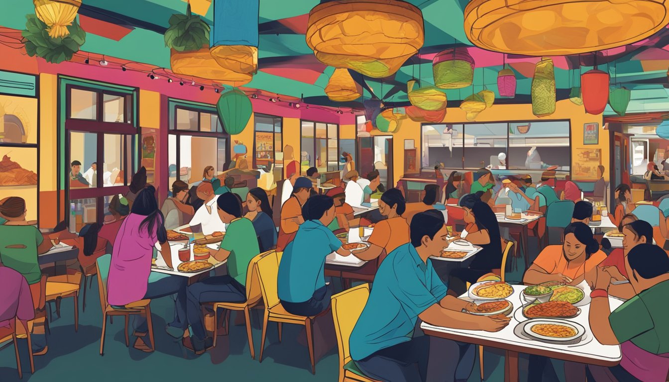 A bustling Tex-Mex restaurant in Austin's La Condesa district, with colorful decor and sizzling plates of fajitas being served to hungry patrons