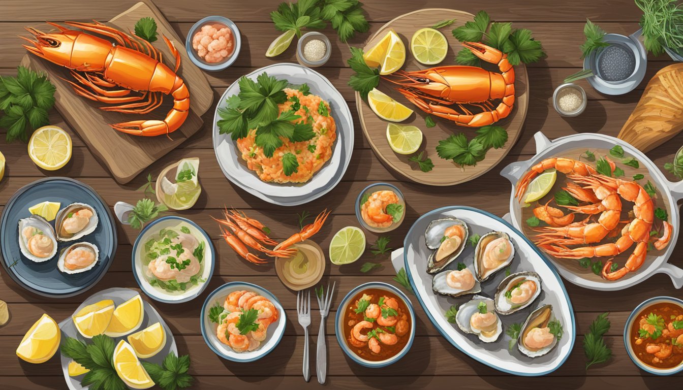 A colorful spread of Texas seafood dishes, including shrimp, crab, and oysters, arranged on a rustic wooden table with vibrant garnishes and fresh herbs