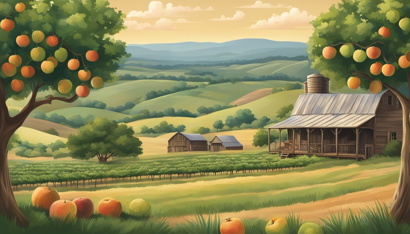 A rustic Texas landscape with 11 unique cideries nestled among rolling hills and orchards