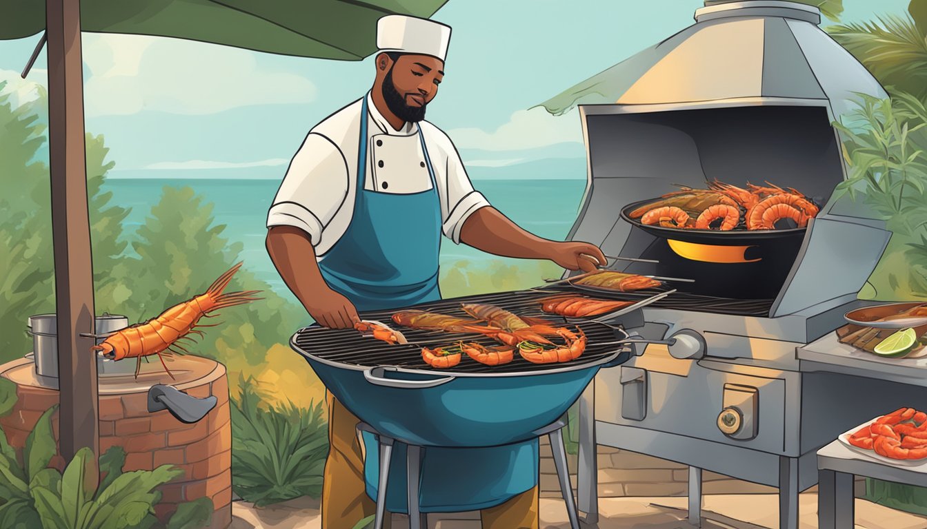 A chef grilling shrimp and fish on a barbecue, while another prepares a spicy seafood gumbo in a large pot