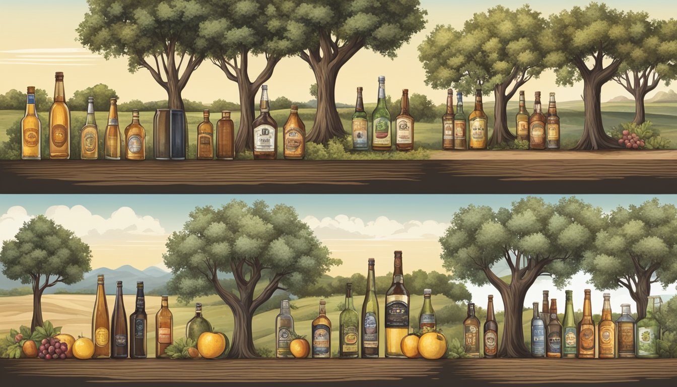 A rustic Texas landscape with 11 unique cideries showcased in a row, each with its own distinctive charm and character