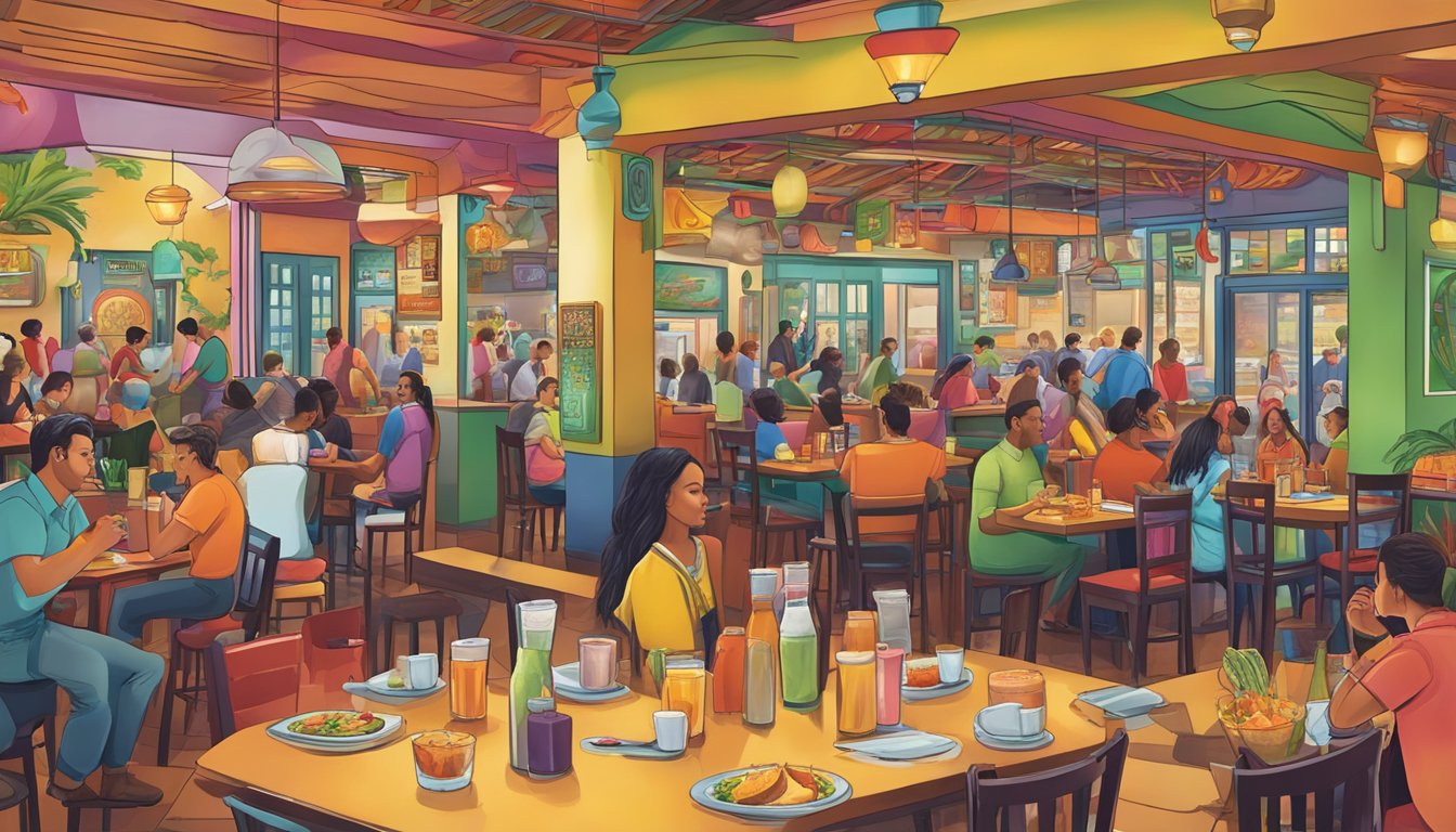 A bustling Tex-Mex restaurant in Austin, with colorful decor, sizzling fajitas, and happy diners enjoying margaritas and chips and salsa