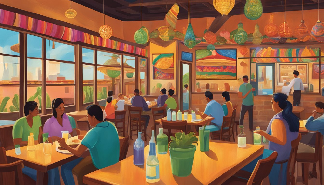 A bustling Tex Mex restaurant in Austin, with colorful decor, sizzling fajitas, and margaritas on every table. Patrons enjoy lively conversation and the aroma of sizzling spices fills the air