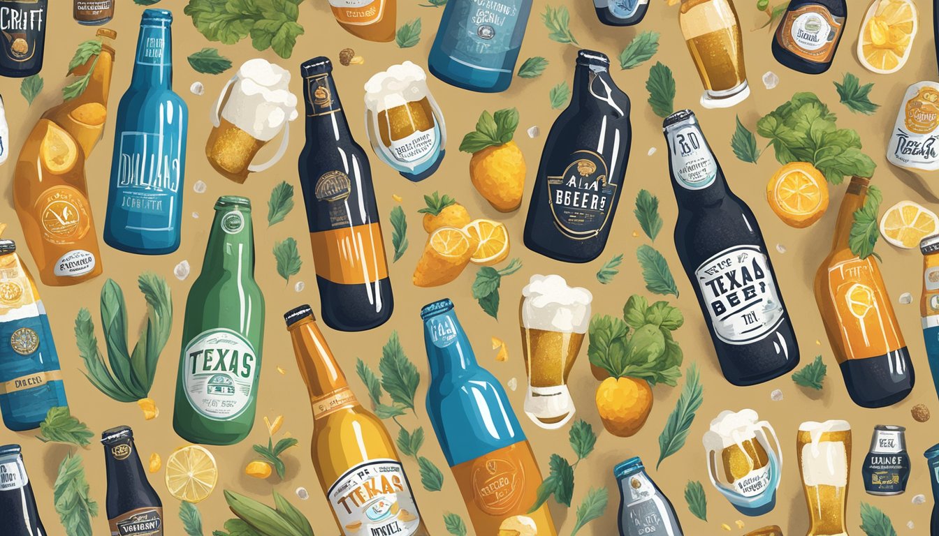 A colorful array of craft beer bottles and Texas food dishes line the Dallas Craft Beer Trail, inviting foodies to indulge in a culinary adventure