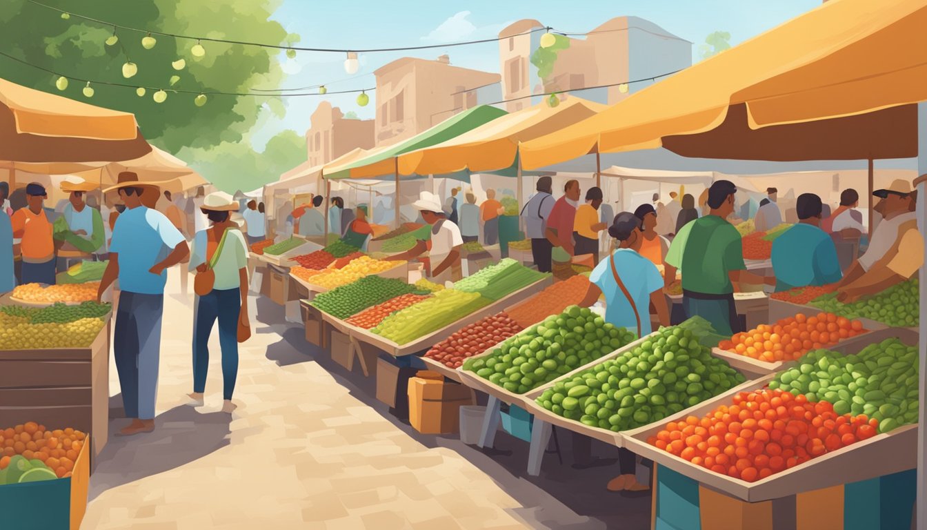 A bustling outdoor market with colorful stalls selling fresh avocados, tomatoes, jalapenos, and other Tex Mex ingredients