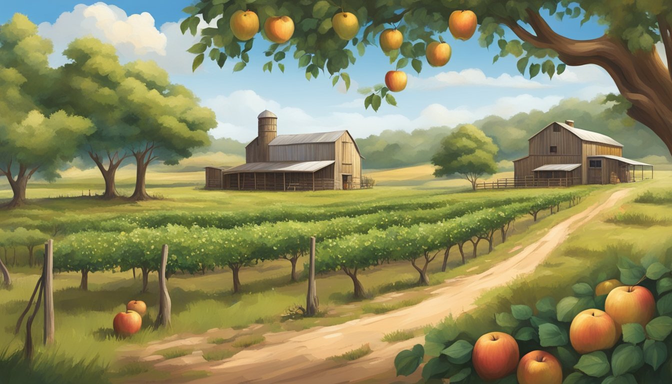 A rustic Texas landscape with 11 picturesque cideries scattered across the countryside, each with unique architecture and surrounded by apple orchards